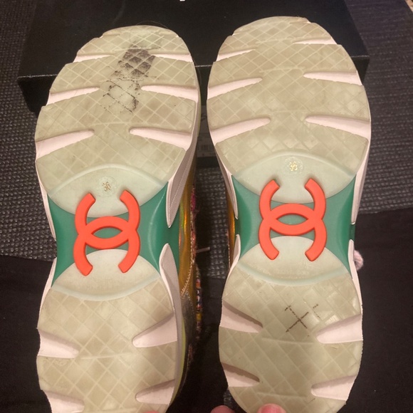 CHANEL Multicolor Tweed Trims Gold Authentic Runway Lace up Sneakers Size 36 - Picture 5 of 8